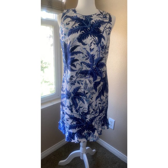 TALBOTS $129 Blue White Cotton Fern Flounce Lined Shift Dress Size 6 Petite - Picture 2 of 5